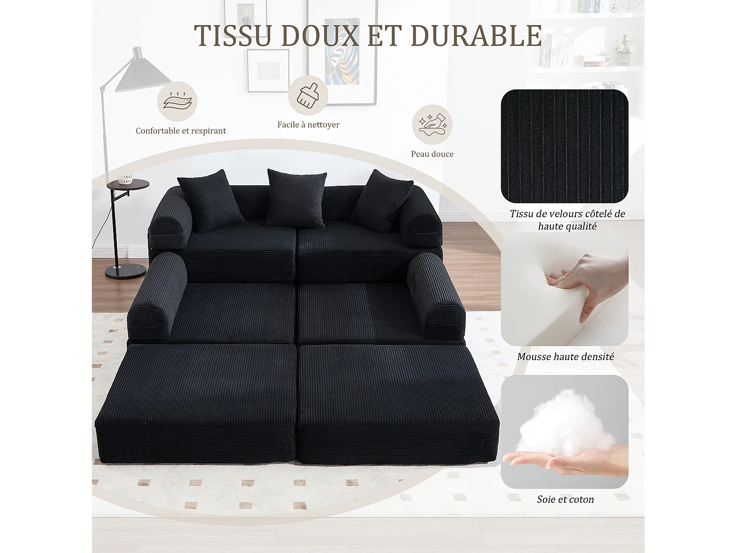 Kaleido 3.0 - Canapé Modulable 5 Places - Canapé Convertible avec Cadre Métal Externe - 5 Coussins Inclus - Combinaisons DIY Illimitées - Idéal Salon, Bureau