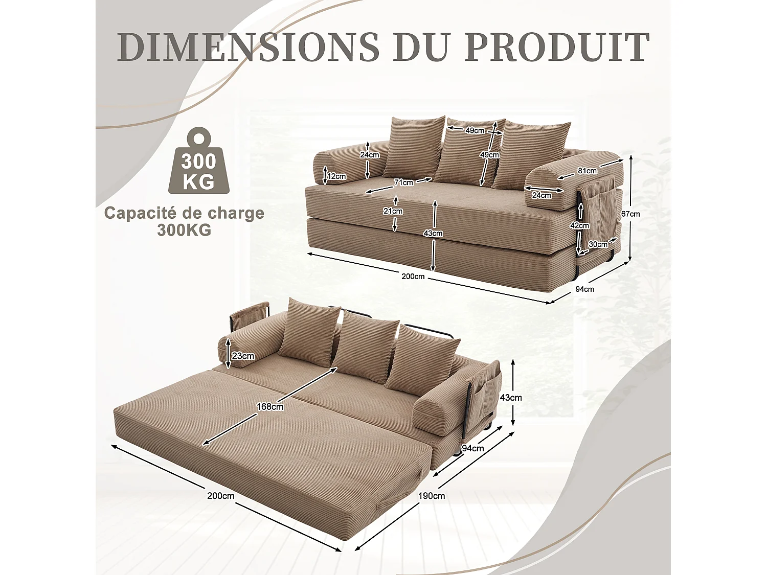 Kaleido 2.0 - Canapé Modulable en Velours Côtelé – Cadre Métallique Externe - Poches de Rangement et 3 Coussins Inclus - Kaki– Idéal pour Salon, Appartement