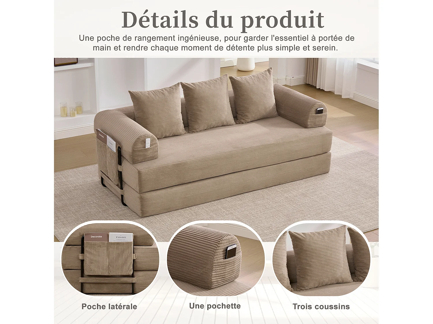 Kaleido 2.0 - Canapé Modulable en Velours Côtelé – Cadre Métallique Externe - Poches de Rangement et 3 Coussins Inclus - Kaki– Idéal pour Salon, Appartement