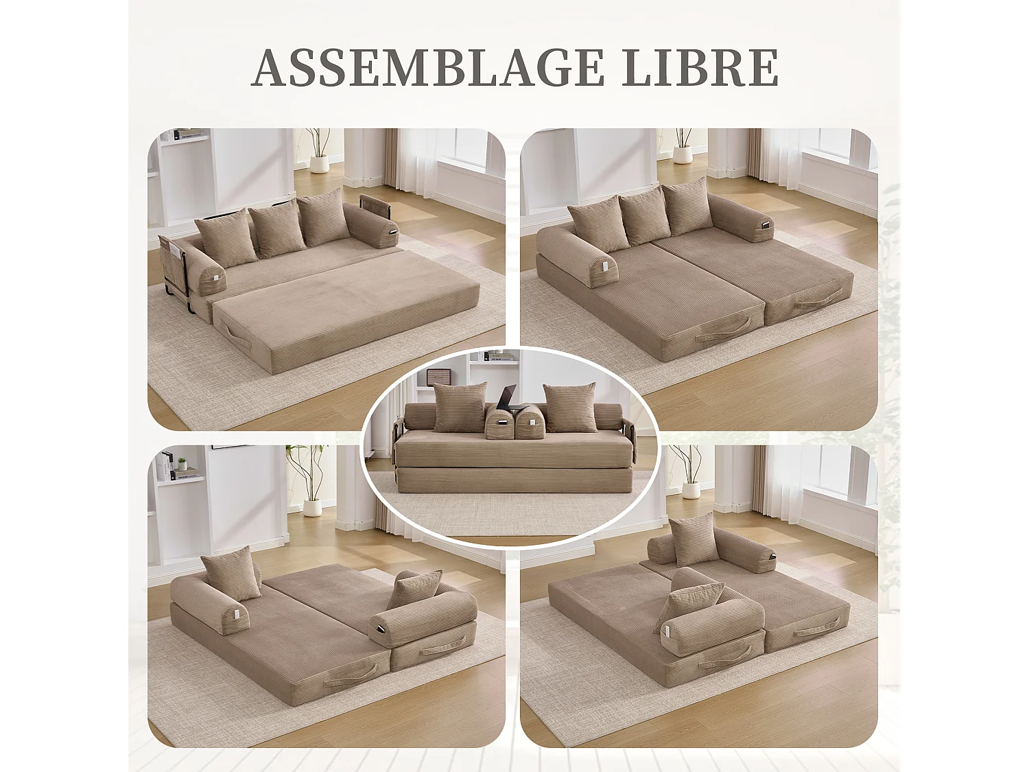 Kaleido 2.0 - Canapé Modulable en Velours Côtelé – Cadre Métallique Externe - Poches de Rangement et 3 Coussins Inclus - Kaki– Idéal pour Salon, Appartement