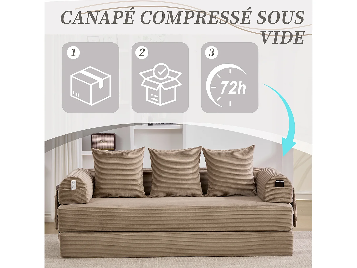Kaleido 2.0 - Canapé Modulable en Velours Côtelé – Cadre Métallique Externe - Poches de Rangement et 3 Coussins Inclus - Kaki– Idéal pour Salon, Appartement
