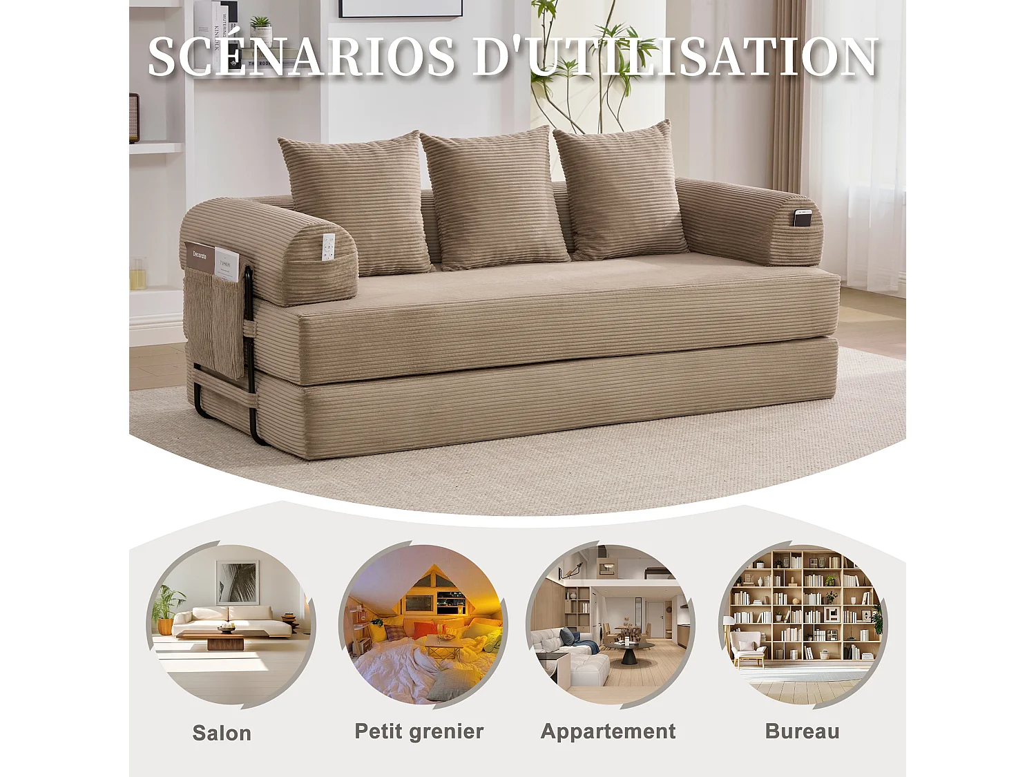 Kaleido 2.0 - Canapé Modulable en Velours Côtelé – Cadre Métallique Externe - Poches de Rangement et 3 Coussins Inclus - Kaki– Idéal pour Salon, Appartement