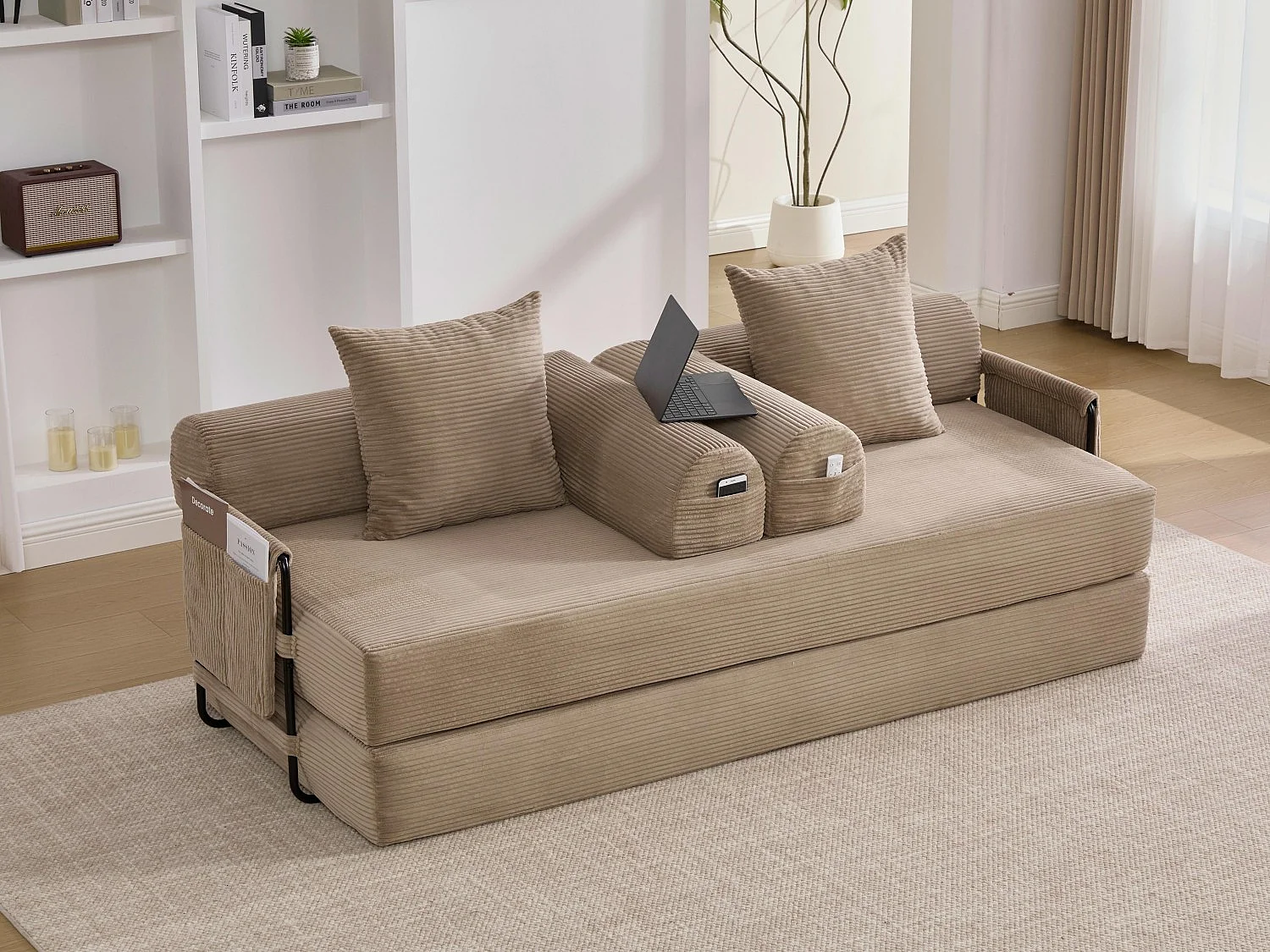 Kaleido 2.0 - Canapé Modulable en Velours Côtelé – Cadre Métallique Externe - Poches de Rangement et 3 Coussins Inclus - Kaki– Idéal pour Salon, Appartement