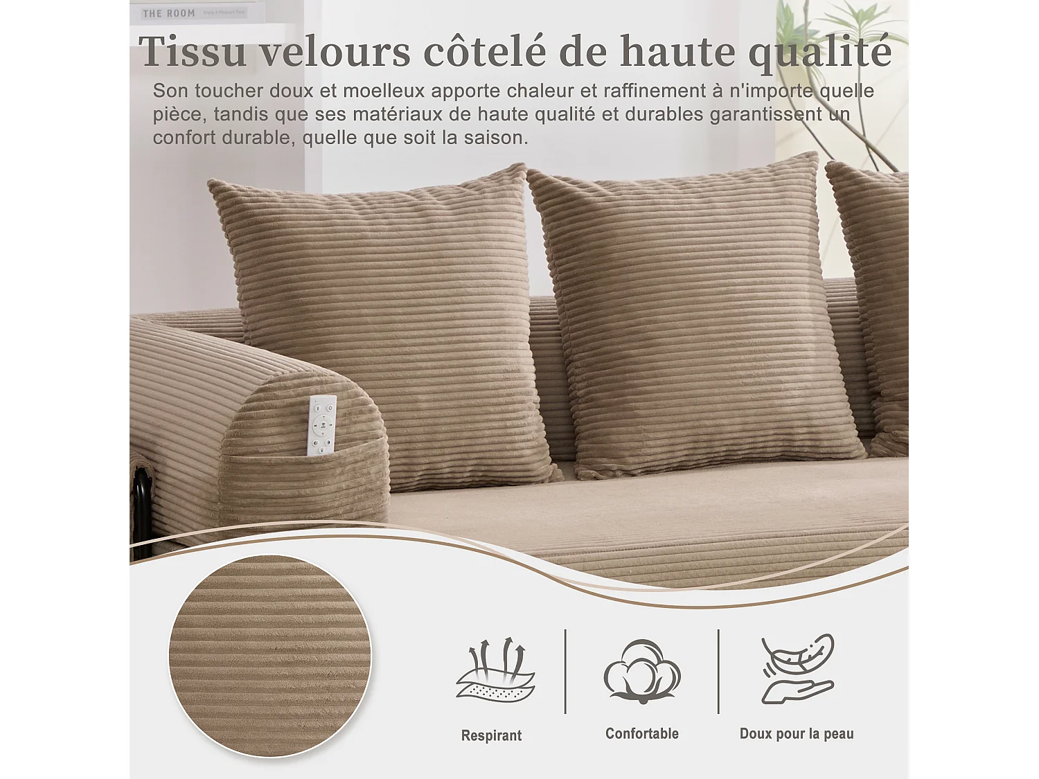 Kaleido 2.0 - Canapé Modulable en Velours Côtelé – Cadre Métallique Externe - Poches de Rangement et 3 Coussins Inclus - Kaki– Idéal pour Salon, Appartement