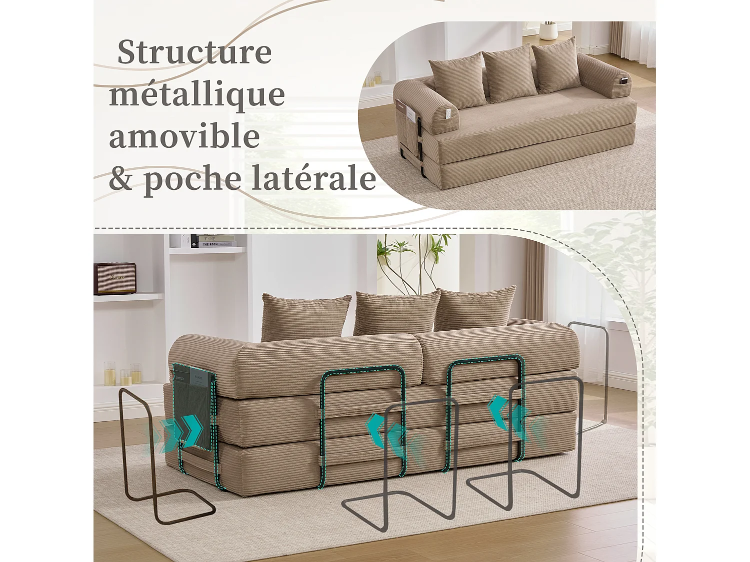 Kaleido 2.0 - Canapé Modulable en Velours Côtelé – Cadre Métallique Externe - Poches de Rangement et 3 Coussins Inclus - Kaki– Idéal pour Salon, Appartement