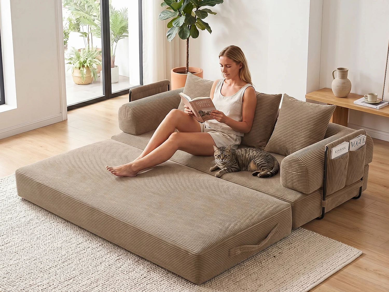 Kaleido 2.0 - Canapé Modulable en Velours Côtelé – Cadre Métallique Externe - Poches de Rangement et 3 Coussins Inclus - Kaki– Idéal pour Salon, Appartement