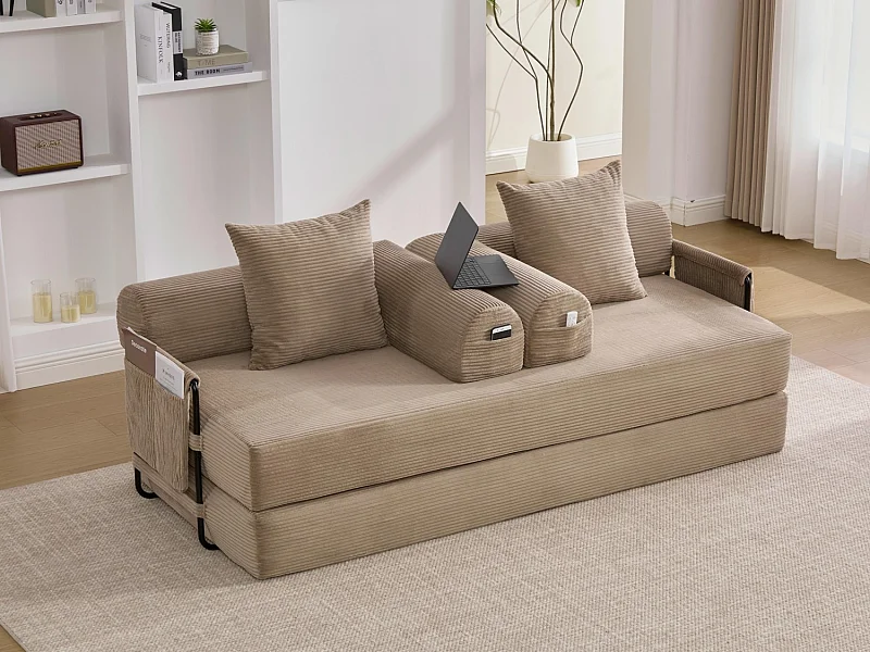 Kaleido 2.0 - Canapé Modulable en Velours Côtelé – Cadre Métallique Externe - Poches de Rangement et 3 Coussins Inclus - Kaki– Idéal pour Salon, Appartement