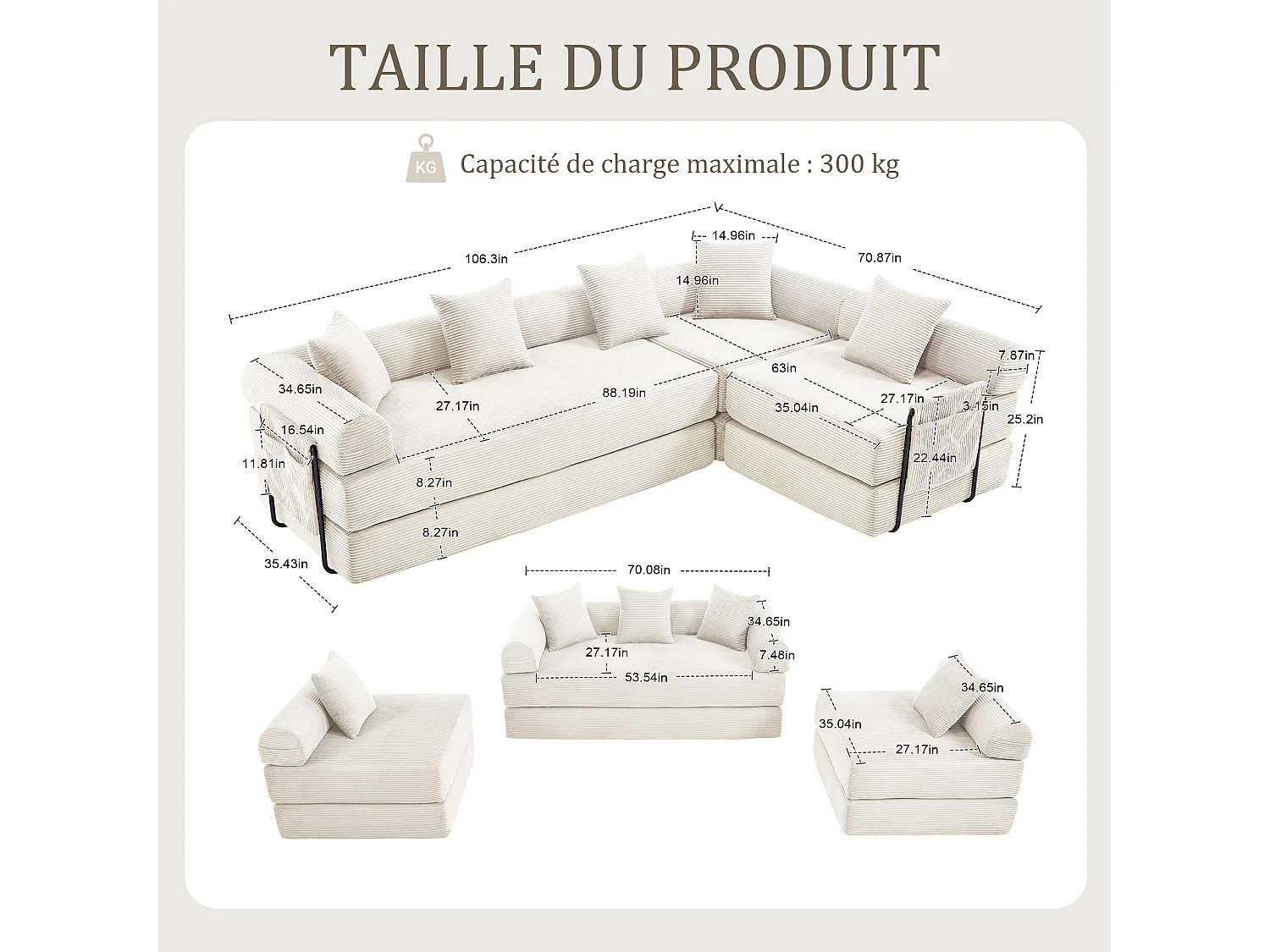 Kaleido 3.0 - Canapé Modulable 5 Places - Canapé Convertible avec Cadre Métal Externe - 5 Coussins Inclus - Combinaisons DIY Illimitées - Idéal Salon, Bureau