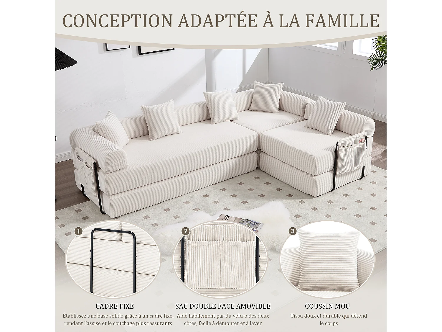 Kaleido 3.0 - Canapé Modulable 5 Places - Canapé Convertible avec Cadre Métal Externe - 5 Coussins Inclus - Combinaisons DIY Illimitées - Idéal Salon, Bureau