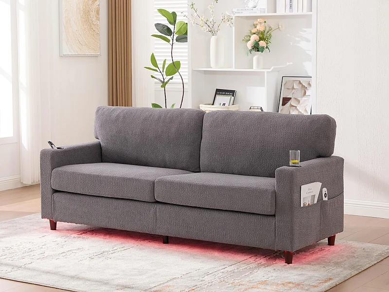 Canapé Confortable 2 Places - Canapé Fixe en Velours Chenille - Ports USB/Type-C Intégrés - LED RGB Télécommandable - Gris Clair- Pour Salon, Séjour, Bureau