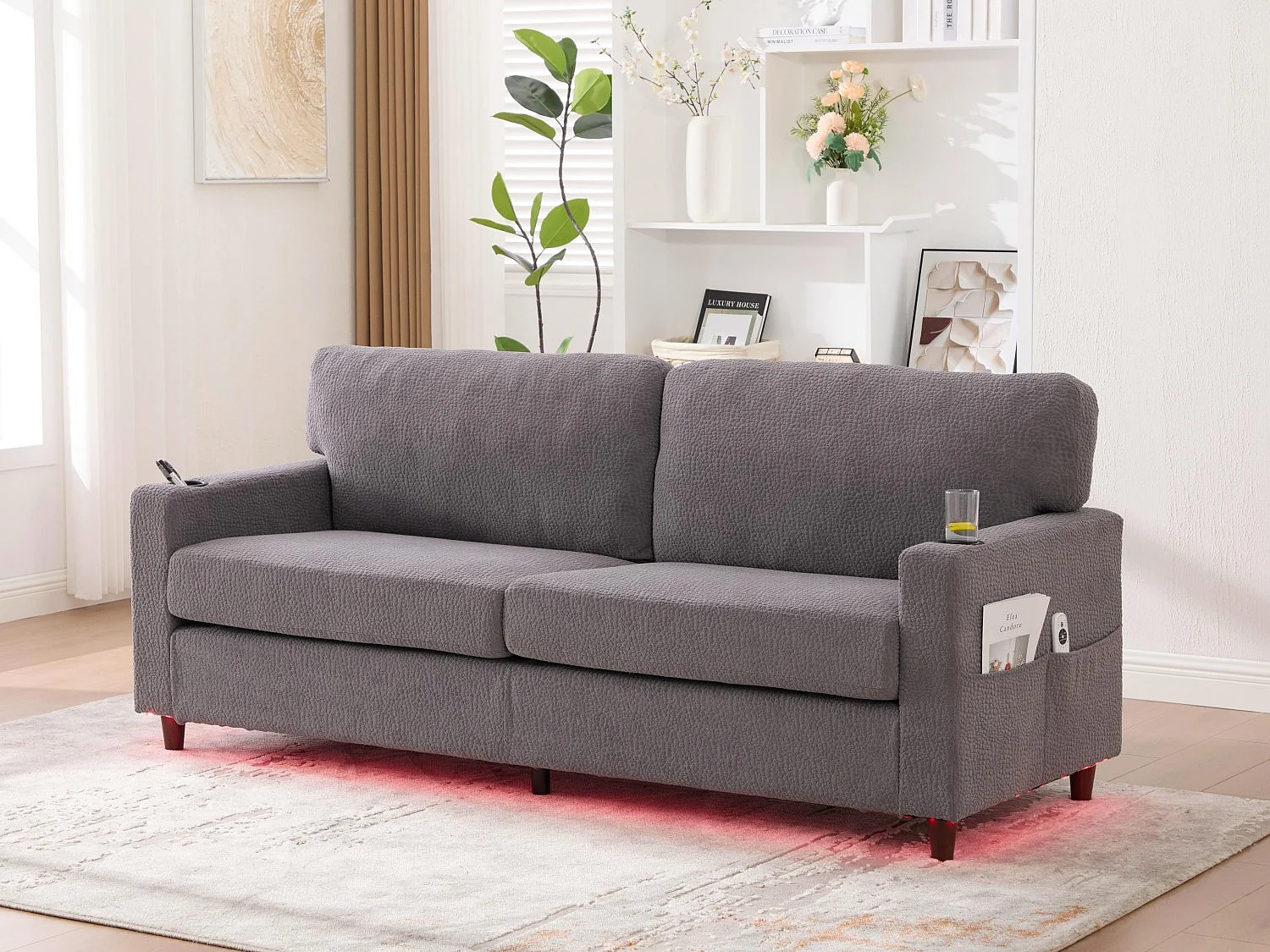 Canapé Confortable 2 Places - Canapé Fixe en Velours Chenille - Ports USB/Type-C Intégrés - LED RGB Télécommandable - Gris Clair- Pour Salon, Séjour, Bureau