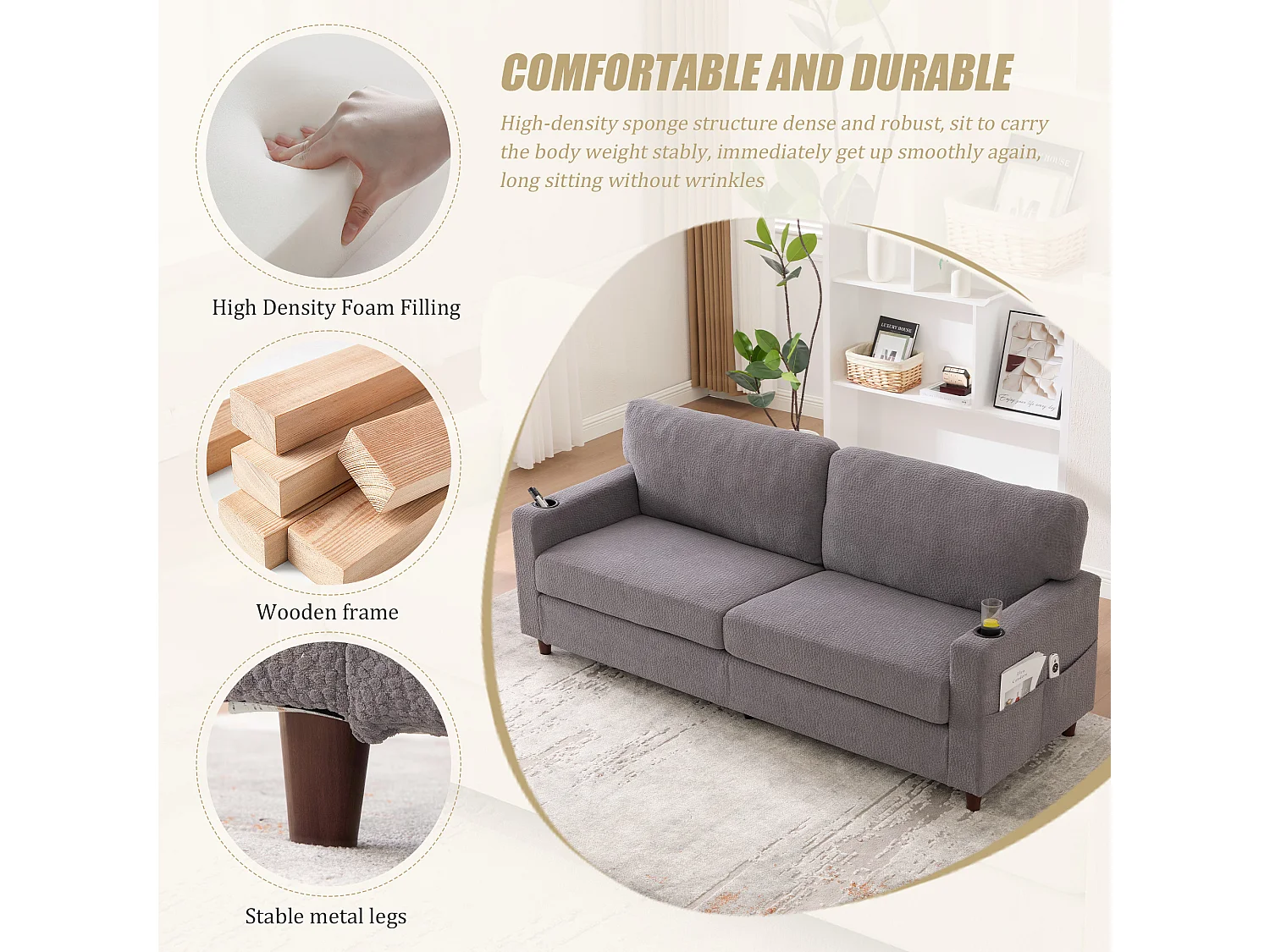 Canapé Confortable 2 Places - Canapé Fixe en Velours Chenille - Ports USB/Type-C Intégrés - LED RGB Télécommandable - Gris Clair- Pour Salon, Séjour, Bureau