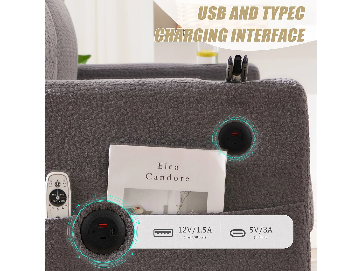 Canapé Confortable 2 Places - Canapé Fixe en Velours Chenille - Ports USB/Type-C Intégrés - LED RGB Télécommandable - Gris Clair- Pour Salon, Séjour, Bureau