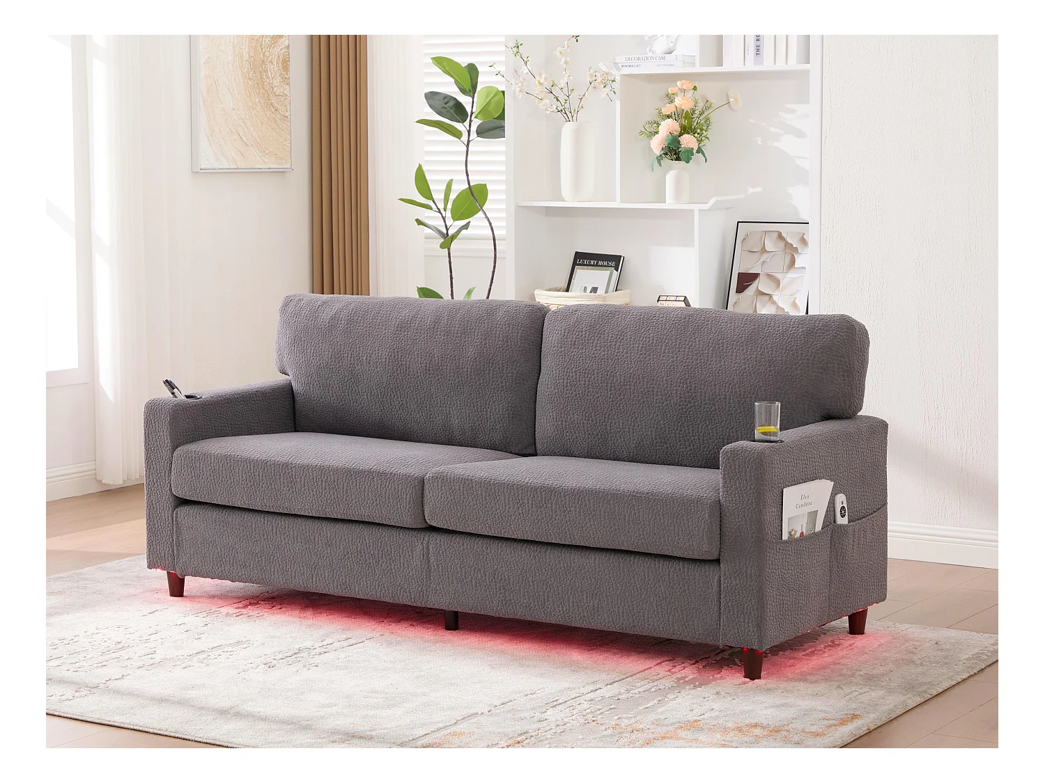 Canapé Confortable 2 Places - Canapé Fixe en Velours Chenille - Ports USB/Type-C Intégrés - LED RGB Télécommandable - Gris Clair- Pour Salon, Séjour, Bureau