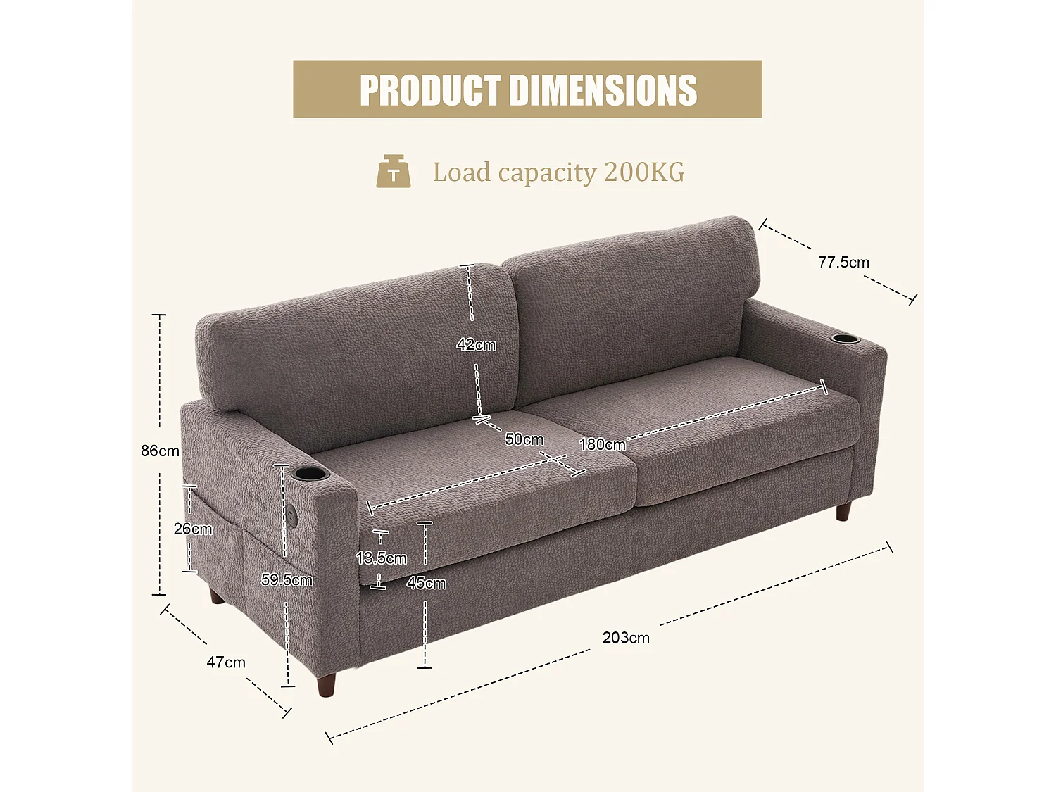 Comfortabele 2-zitsbank - Chenille Fluwelen Bank met USB/Type-C Poorten en RGB LED - Afstandsbediening - Antracietgrijs - Voor Woonkamer, Lounge, Kantoor