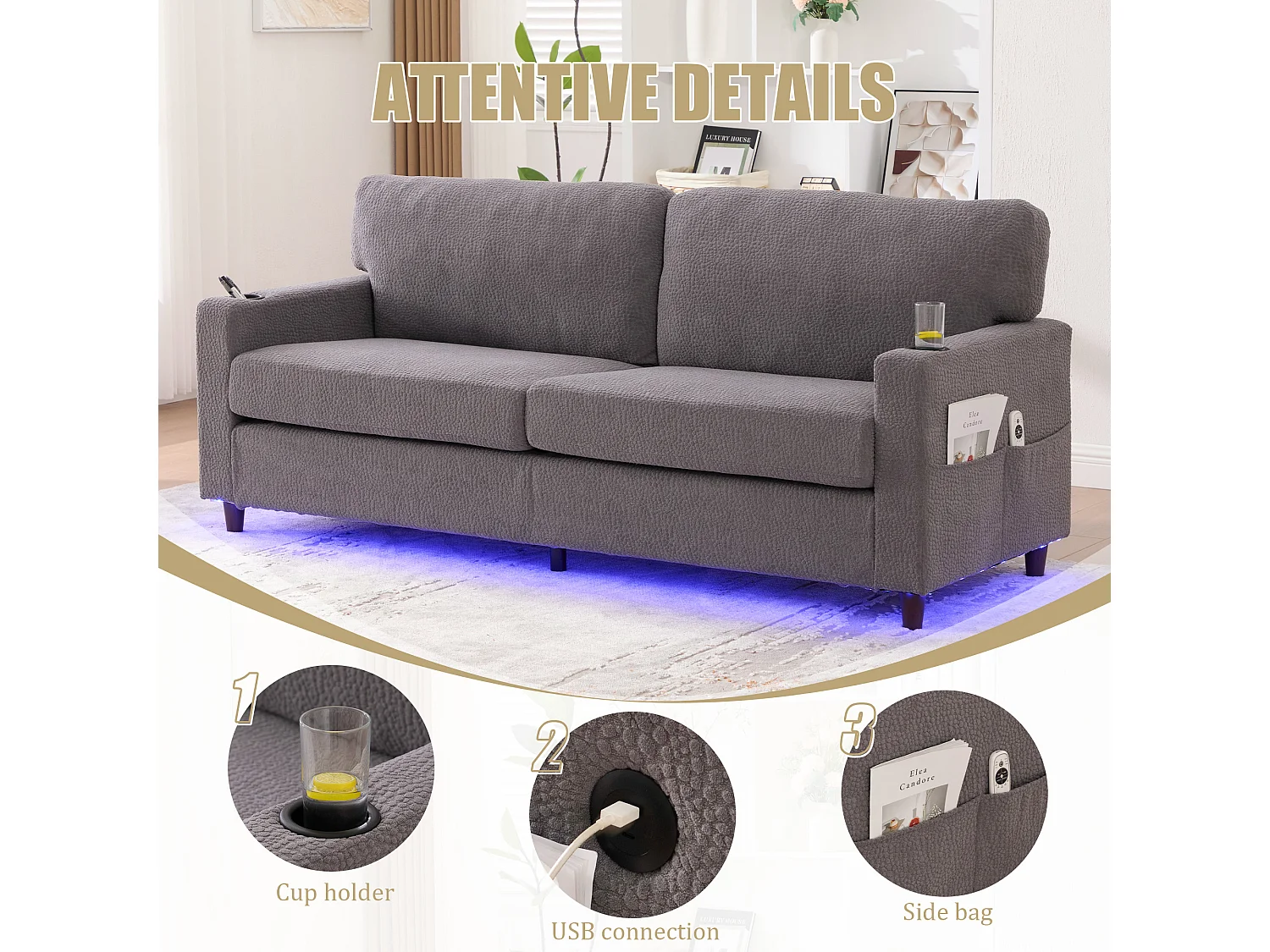 Canapé Confortable 2 Places - Canapé Fixe en Velours Chenille - Ports USB/Type-C Intégrés - LED RGB Télécommandable - Gris Clair- Pour Salon, Séjour, Bureau