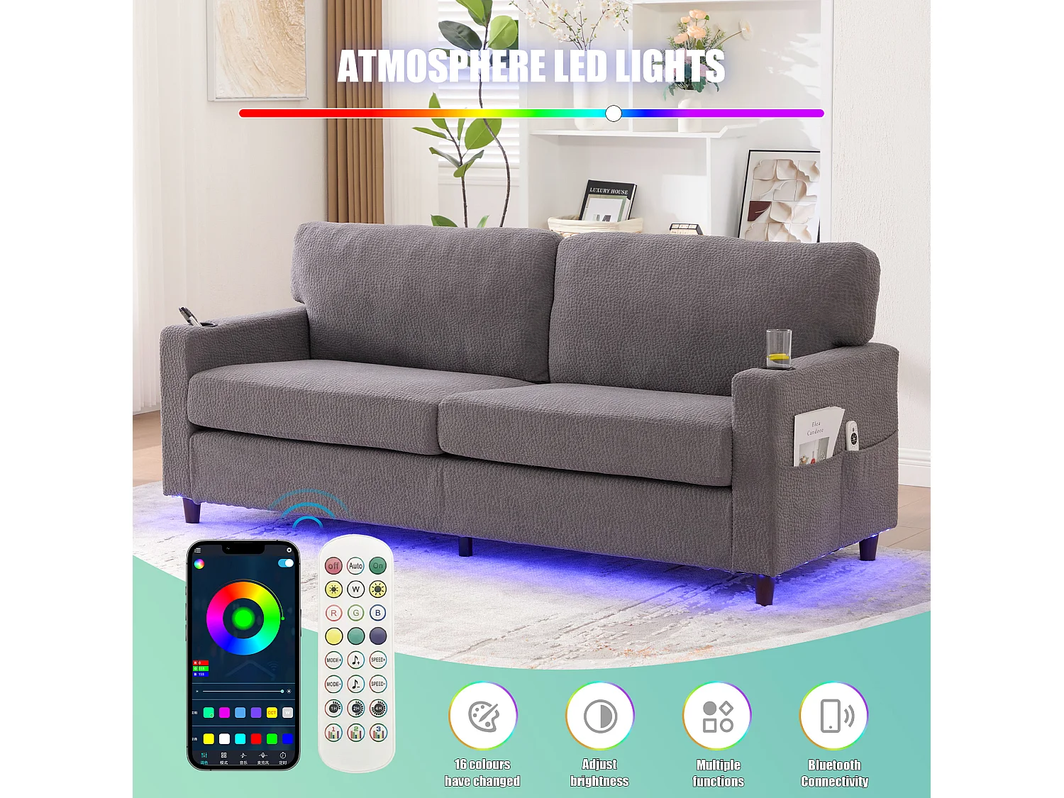 Canapé Confortable 2 Places - Canapé Fixe en Velours Chenille - Ports USB/Type-C Intégrés - LED RGB Télécommandable - Gris Clair- Pour Salon, Séjour, Bureau