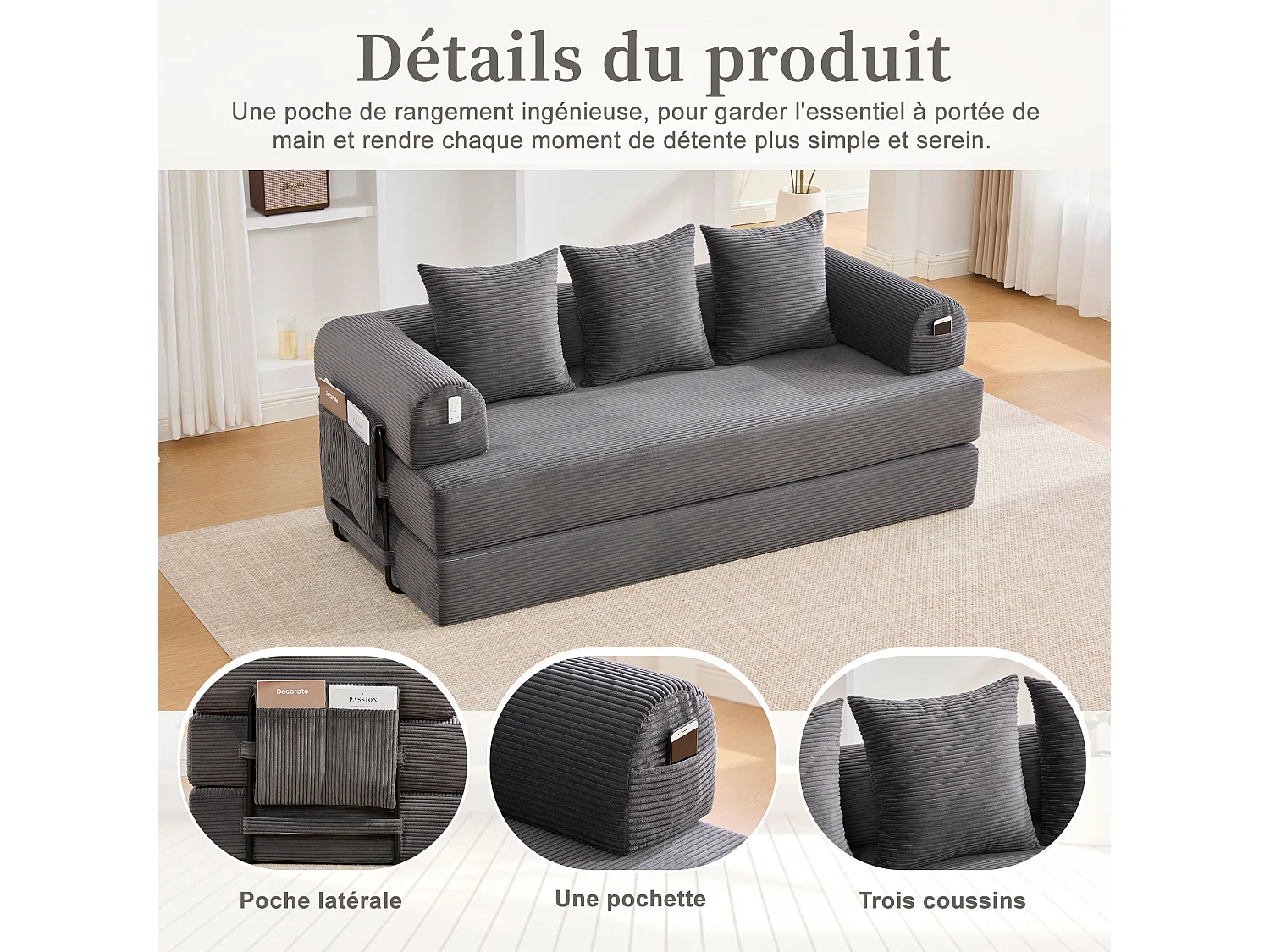 Kaleido 2.0 - Canapé Modulable en Velours Côtelé – Cadre Métallique Externe - Poches de Rangement et 3 Coussins Inclus - Gris - Idéal pour Salon, Appartement