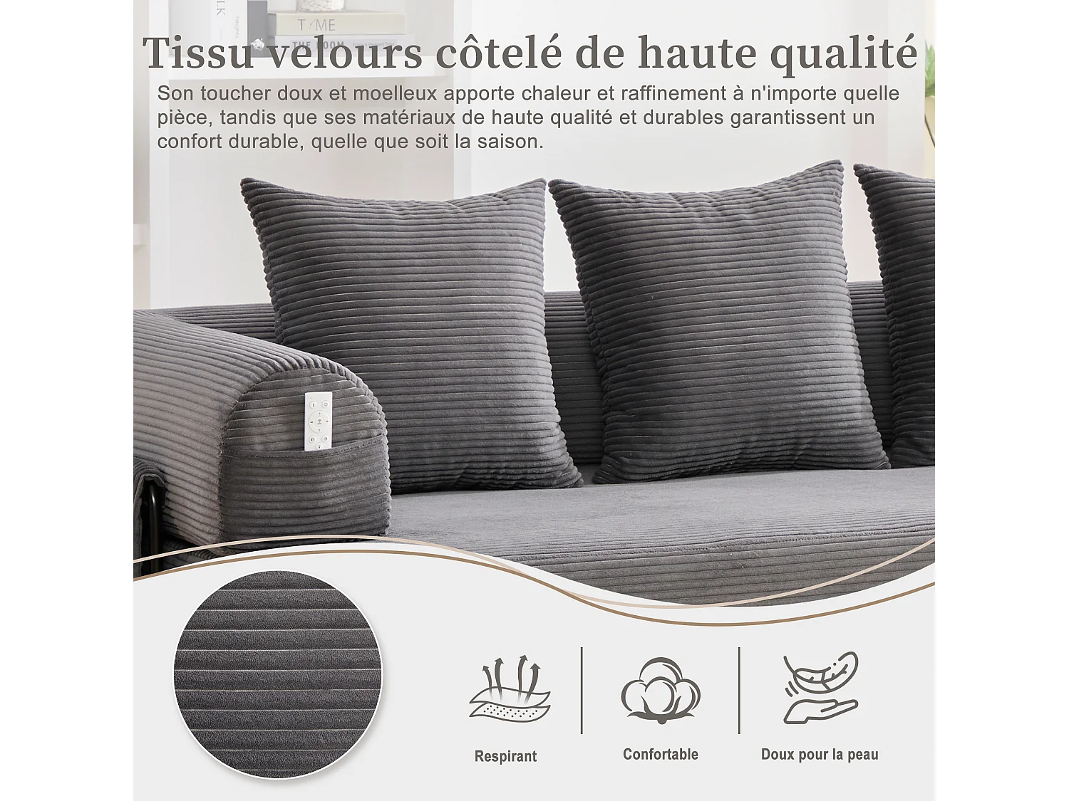 Kaleido 2.0 - Canapé Modulable en Velours Côtelé – Cadre Métallique Externe - Poches de Rangement et 3 Coussins Inclus - Gris - Idéal pour Salon, Appartement