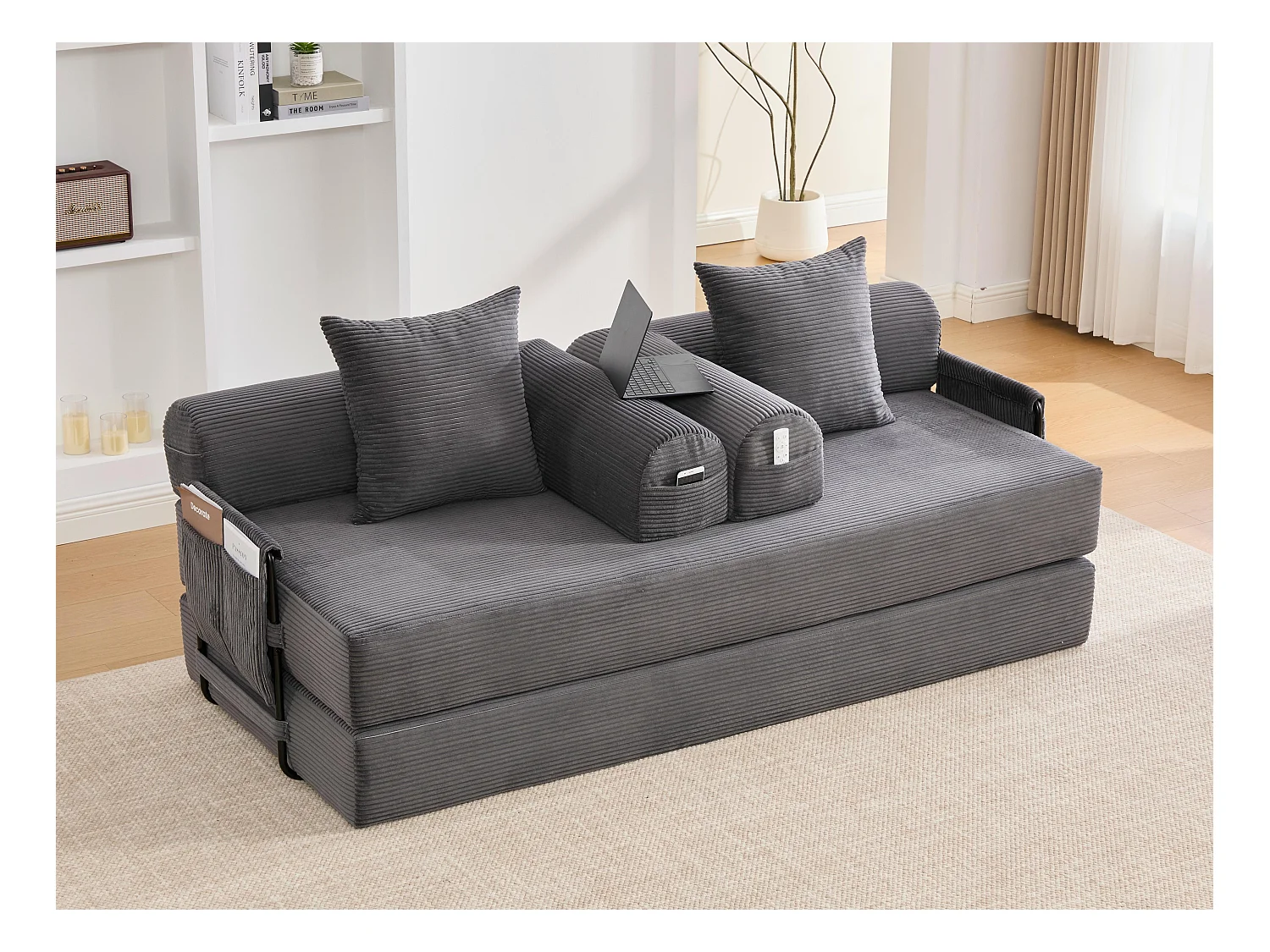 Kaleido 2.0 - Canapé Modulable en Velours Côtelé – Cadre Métallique Externe - Poches de Rangement et 3 Coussins Inclus - Gris - Idéal pour Salon, Appartement