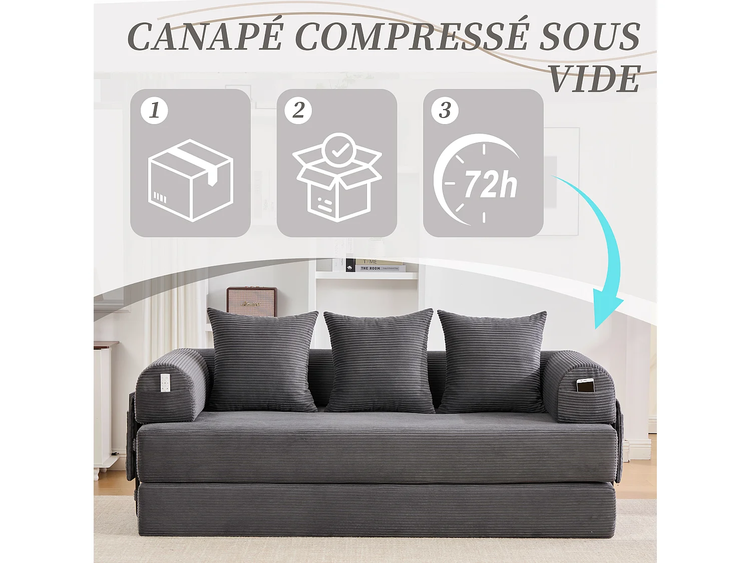 Kaleido 2.0 - Canapé Modulable en Velours Côtelé – Cadre Métallique Externe - Poches de Rangement et 3 Coussins Inclus - Gris - Idéal pour Salon, Appartement