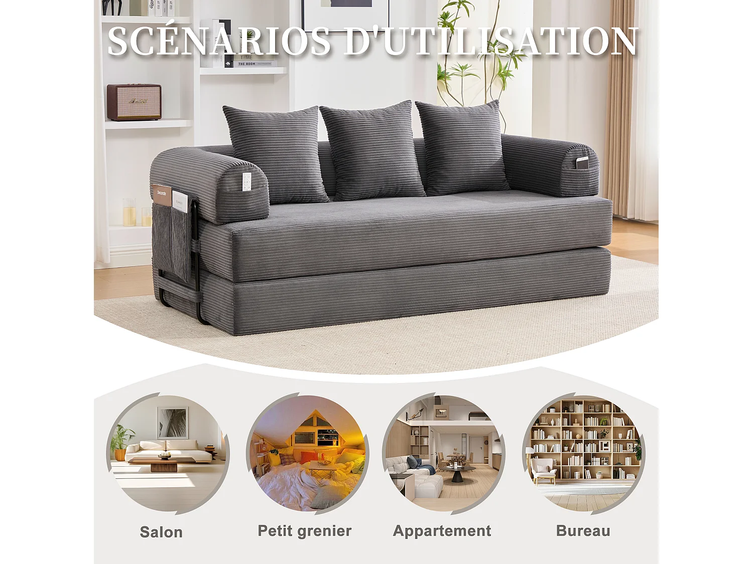 Kaleido 2.0 - Canapé Modulable en Velours Côtelé – Cadre Métallique Externe - Poches de Rangement et 3 Coussins Inclus - Gris - Idéal pour Salon, Appartement