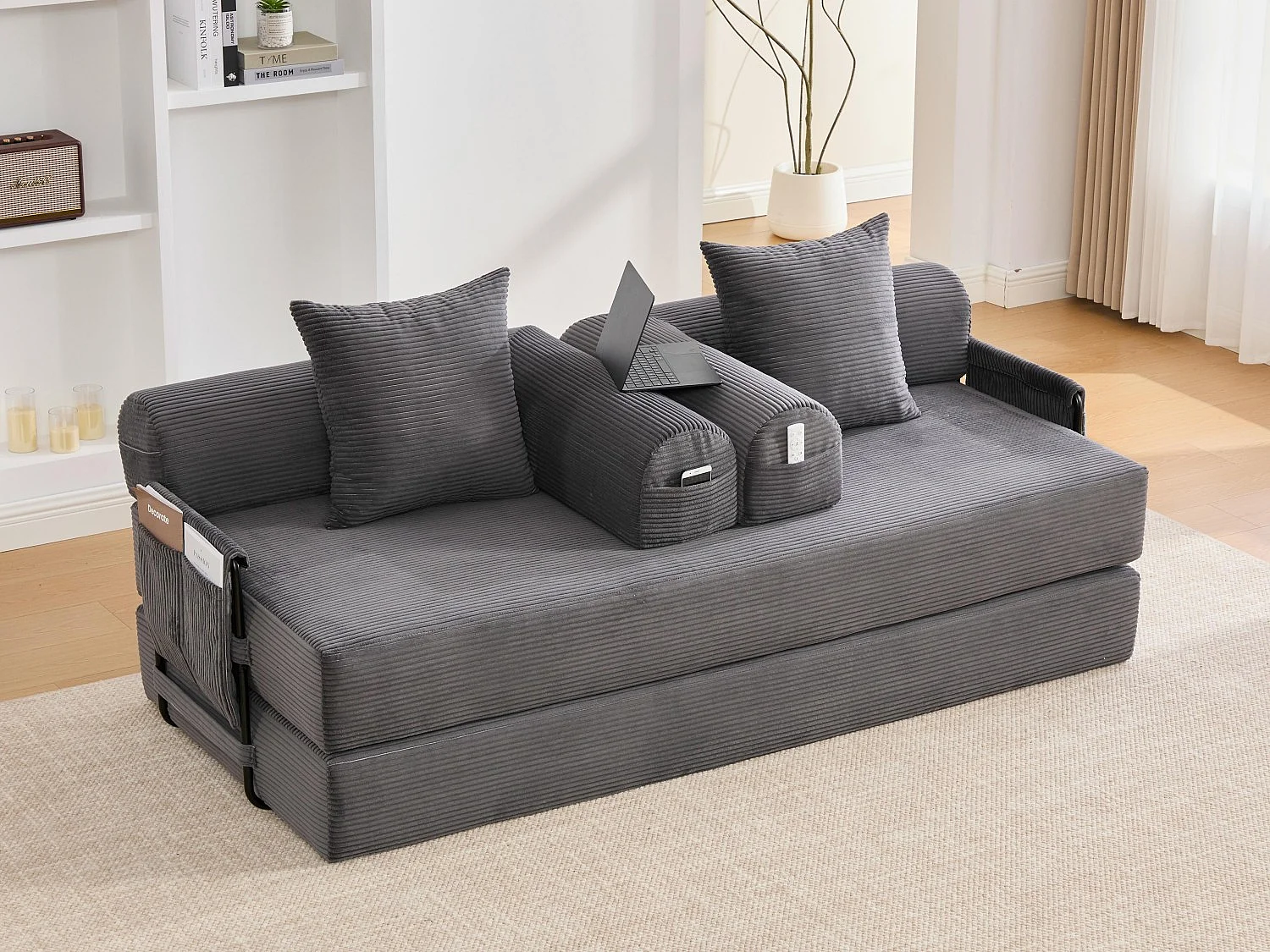 Kaleido 2.0 - Canapé Modulable en Velours Côtelé – Cadre Métallique Externe - Poches de Rangement et 3 Coussins Inclus - Gris - Idéal pour Salon, Appartement