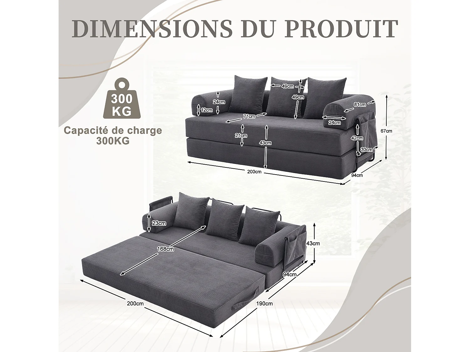 Kaleido 2.0 - Canapé Modulable en Velours Côtelé – Cadre Métallique Externe - Poches de Rangement et 3 Coussins Inclus - Gris - Idéal pour Salon, Appartement