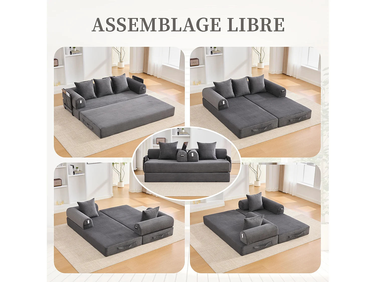 Kaleido 2.0 - Canapé Modulable en Velours Côtelé – Cadre Métallique Externe - Poches de Rangement et 3 Coussins Inclus - Gris - Idéal pour Salon, Appartement