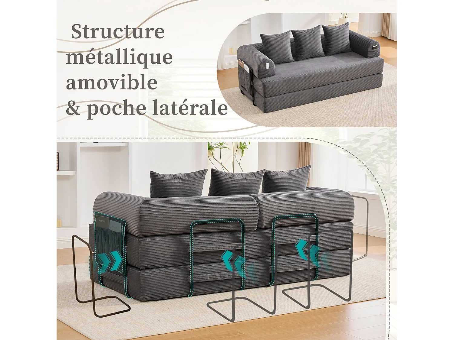 Kaleido 2.0 - Canapé Modulable en Velours Côtelé – Cadre Métallique Externe - Poches de Rangement et 3 Coussins Inclus - Gris - Idéal pour Salon, Appartement