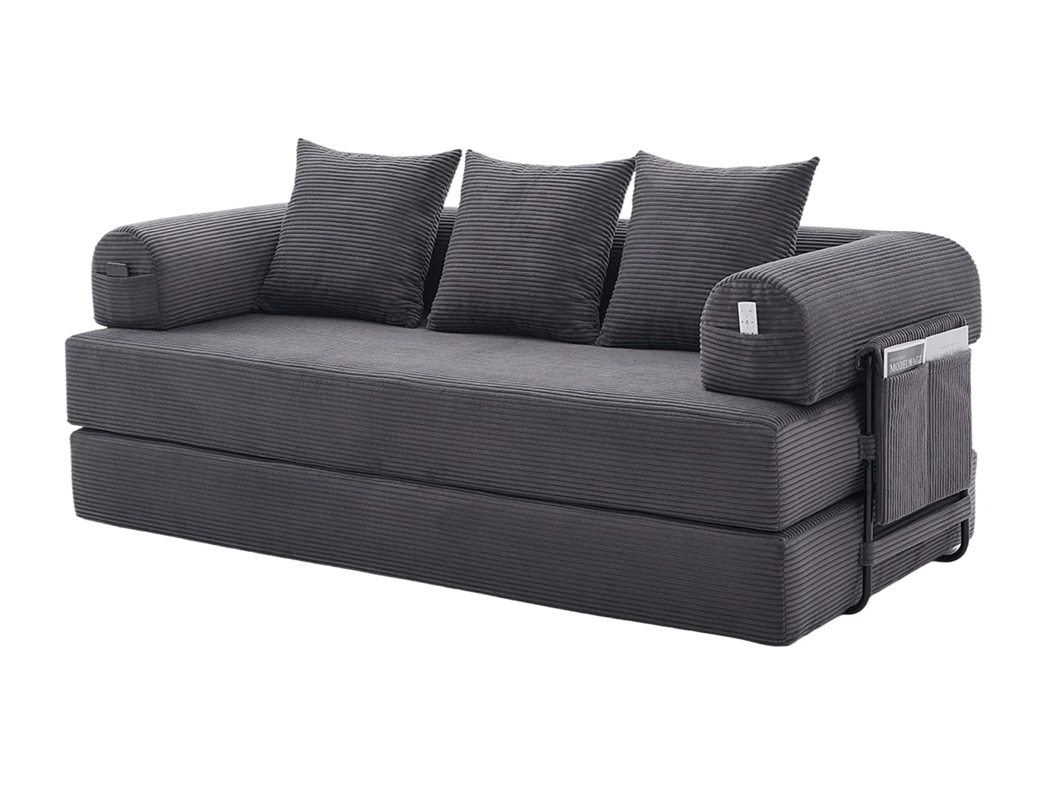 Kaleido 2.0 - Canapé Modulable en Velours Côtelé – Cadre Métallique Externe - Poches de Rangement et 3 Coussins Inclus - Gris - Idéal pour Salon, Appartement