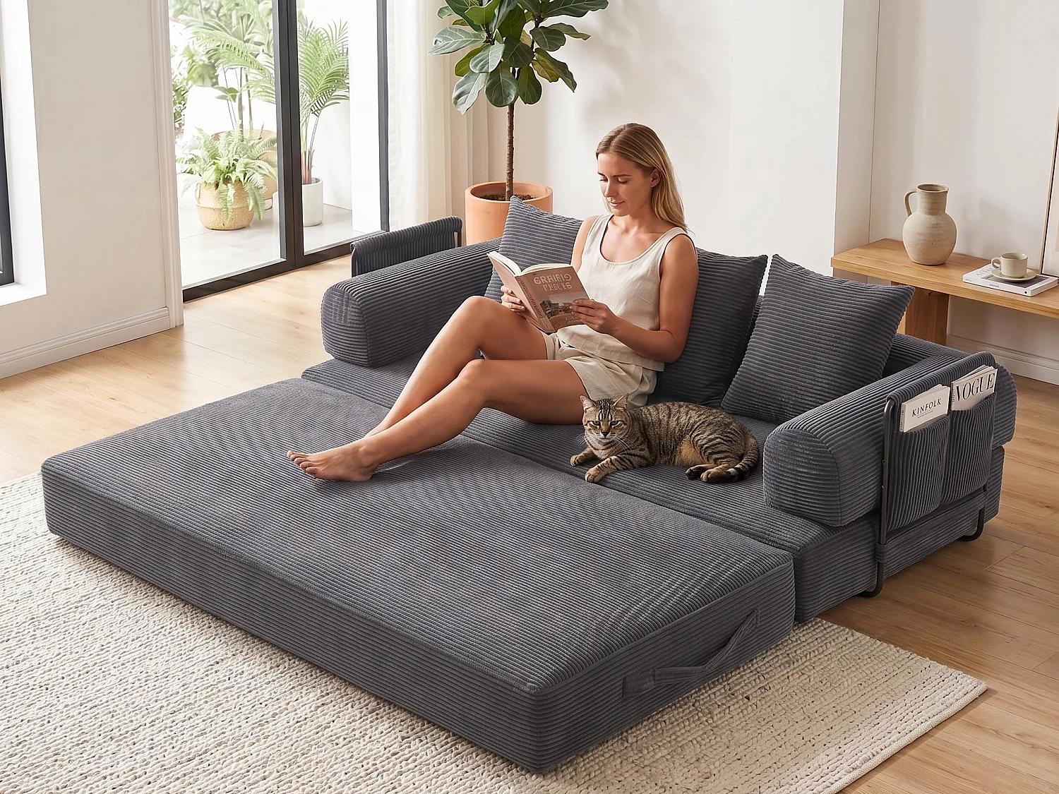 Kaleido 2.0 - Canapé Modulable en Velours Côtelé – Cadre Métallique Externe - Poches de Rangement et 3 Coussins Inclus - Gris - Idéal pour Salon, Appartement