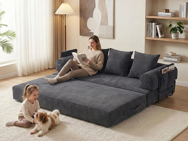 Kaleido 2.0 - Canapé Modulable en Velours Côtelé – Cadre Métallique Externe - Poches de Rangement et 3 Coussins Inclus - Gris - Idéal pour Salon, Appartement