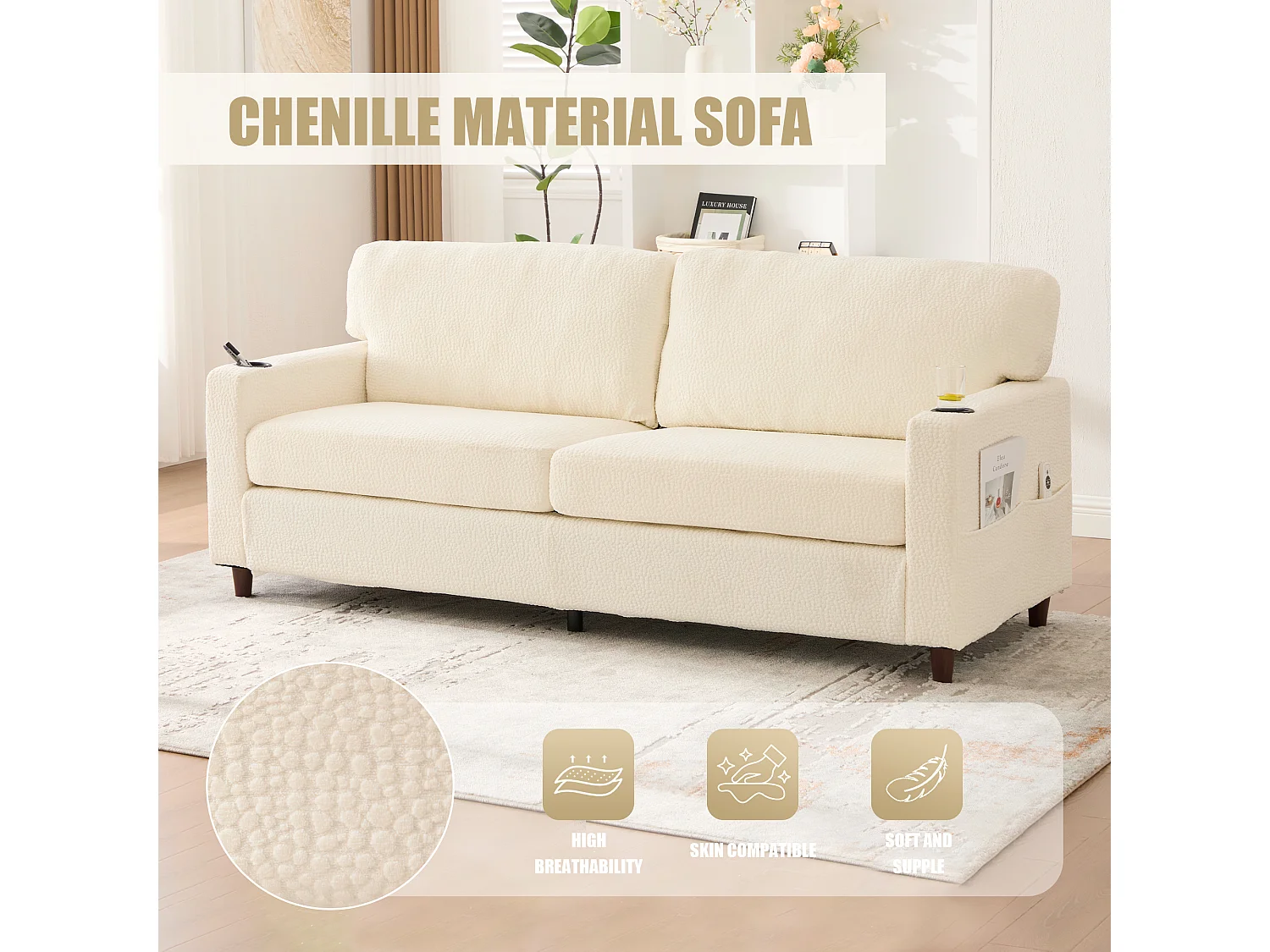 Canapé Confortable 2 Places - Canapé Fixe en Velours Chenille - Ports USB/Type-C Intégrés - LED RGB Télécommandable - Beige - Pour Salon, Séjour, Bureau