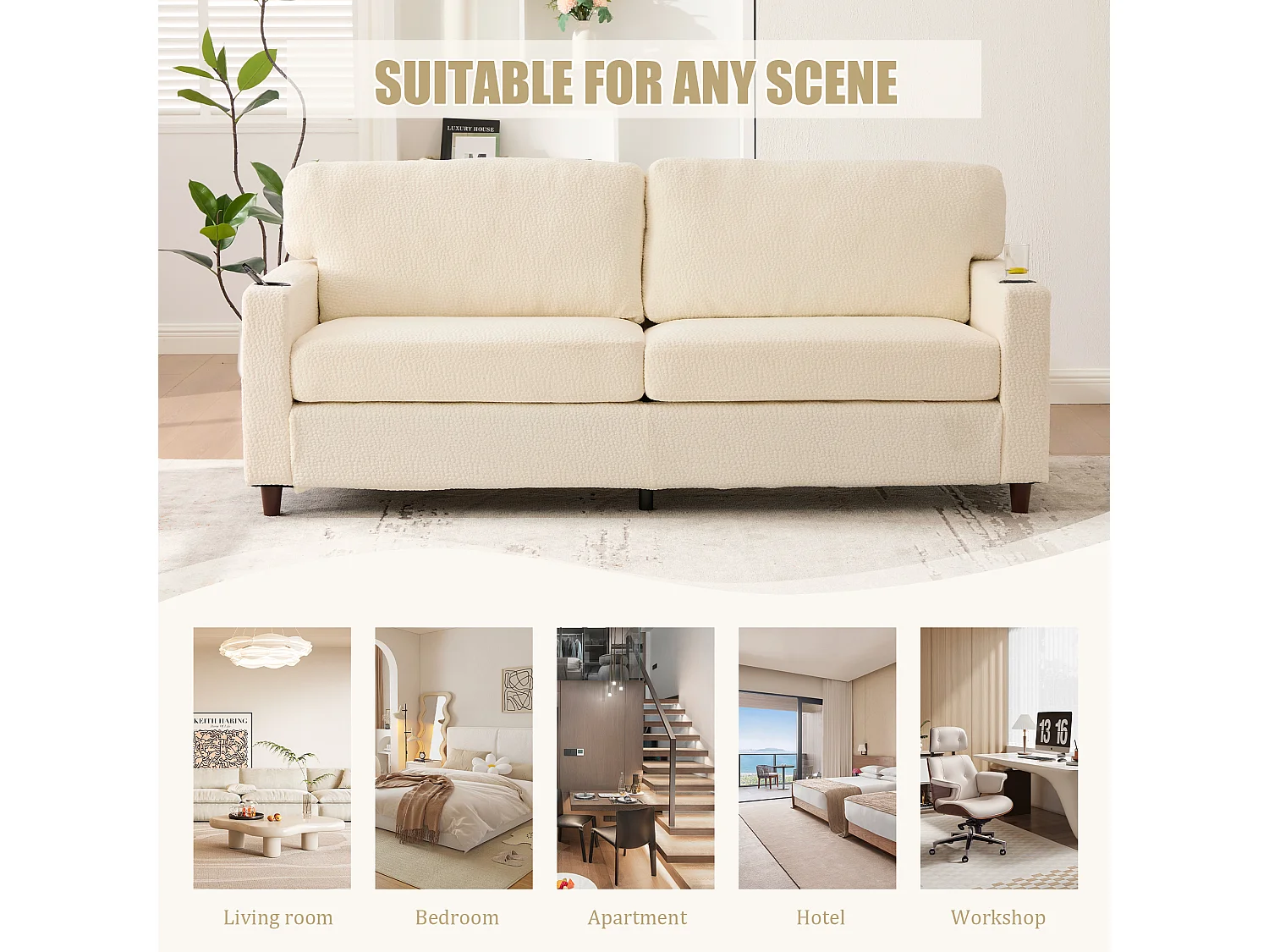 Canapé Confortable 2 Places - Canapé Fixe en Velours Chenille - Ports USB/Type-C Intégrés - LED RGB Télécommandable - Beige - Pour Salon, Séjour, Bureau