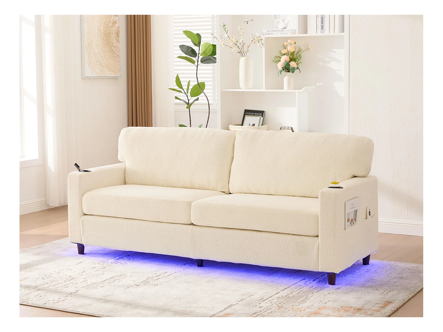 Comfortabele 2-zitsbank - Chenille Fluwelen Bank met USB/Type-C Poorten en RGB LED - Afstandsbediening - Voor Woonkamer, Lounge, Kantoor