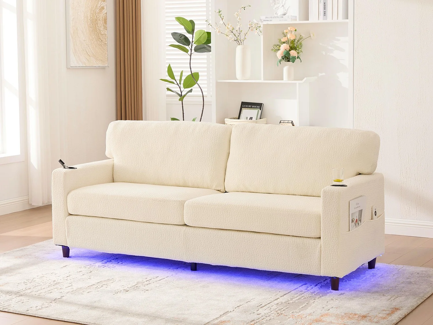 Canapé Confortable 2 Places - Canapé Fixe en Velours Chenille - Ports USB/Type-C Intégrés - LED RGB Télécommandable - Beige - Pour Salon, Séjour, Bureau