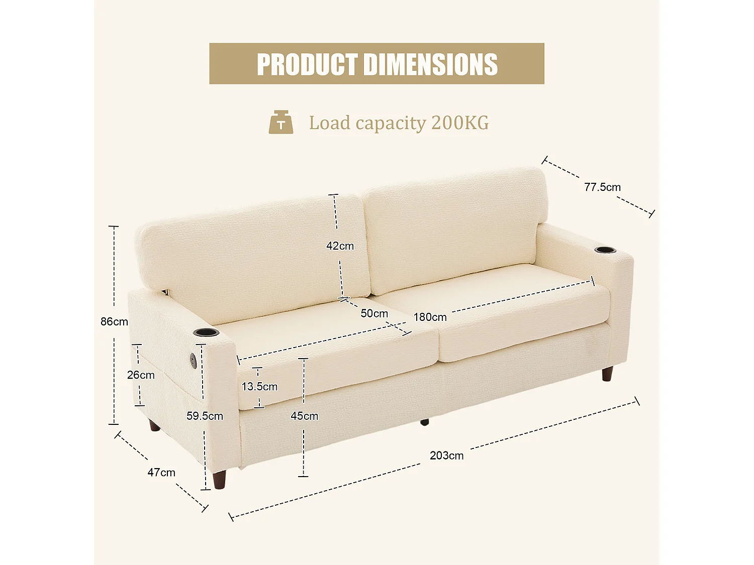 Canapé Confortable 2 Places - Canapé Fixe en Velours Chenille - Ports USB/Type-C Intégrés - LED RGB Télécommandable - Beige - Pour Salon, Séjour, Bureau