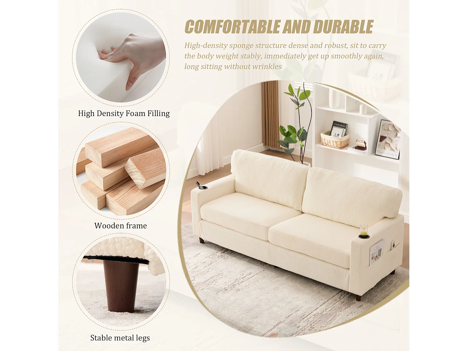 Canapé Confortable 2 Places - Canapé Fixe en Velours Chenille - Ports USB/Type-C Intégrés - LED RGB Télécommandable - Beige - Pour Salon, Séjour, Bureau