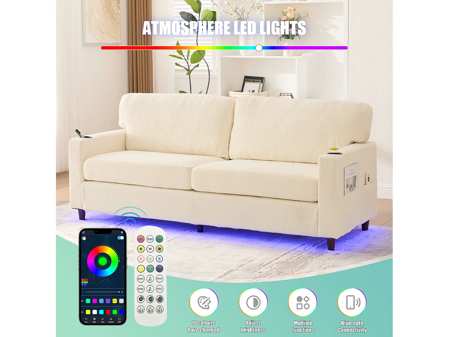Canapé Confortable 2 Places - Canapé Fixe en Velours Chenille - Ports USB/Type-C Intégrés - LED RGB Télécommandable - Beige - Pour Salon, Séjour, Bureau