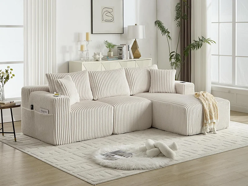 Canapé modulable 3 places - 5 coussins inclus - Porte-gobelets et poches latérales - Convertible en canapé d'angle - Beige - Idéal salon et studio