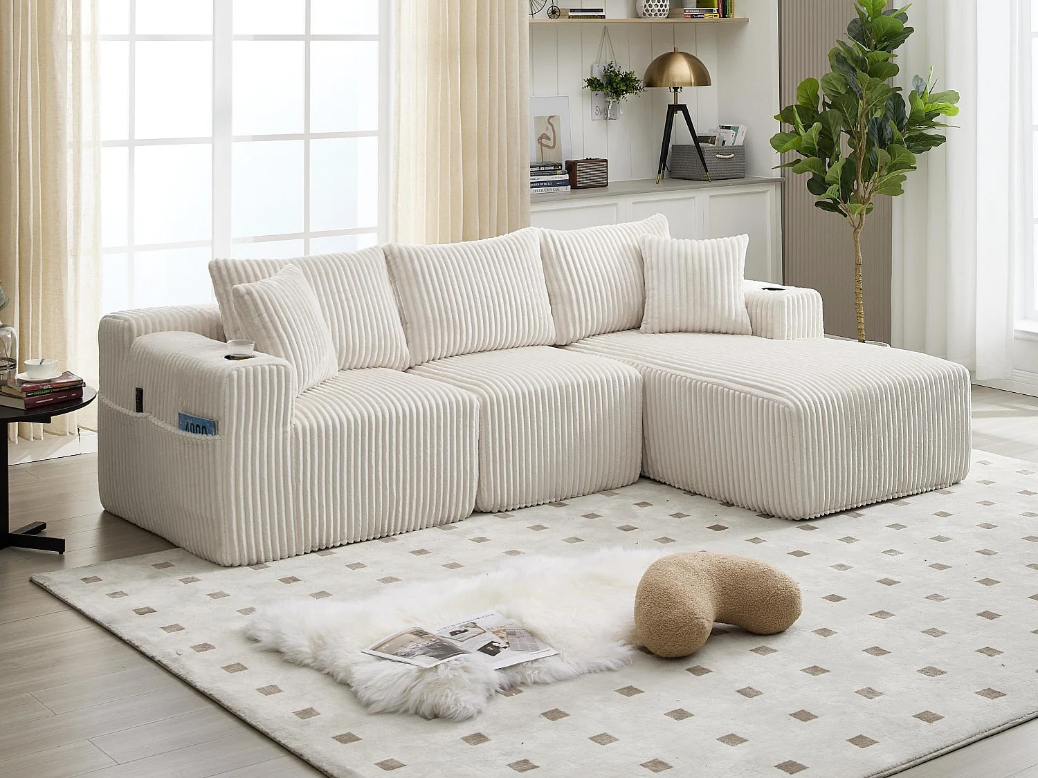 Canapé modulable 3 places - 5 coussins inclus - Porte-gobelets et poches latérales - Convertible en canapé d'angle - Beige - Idéal salon et studio