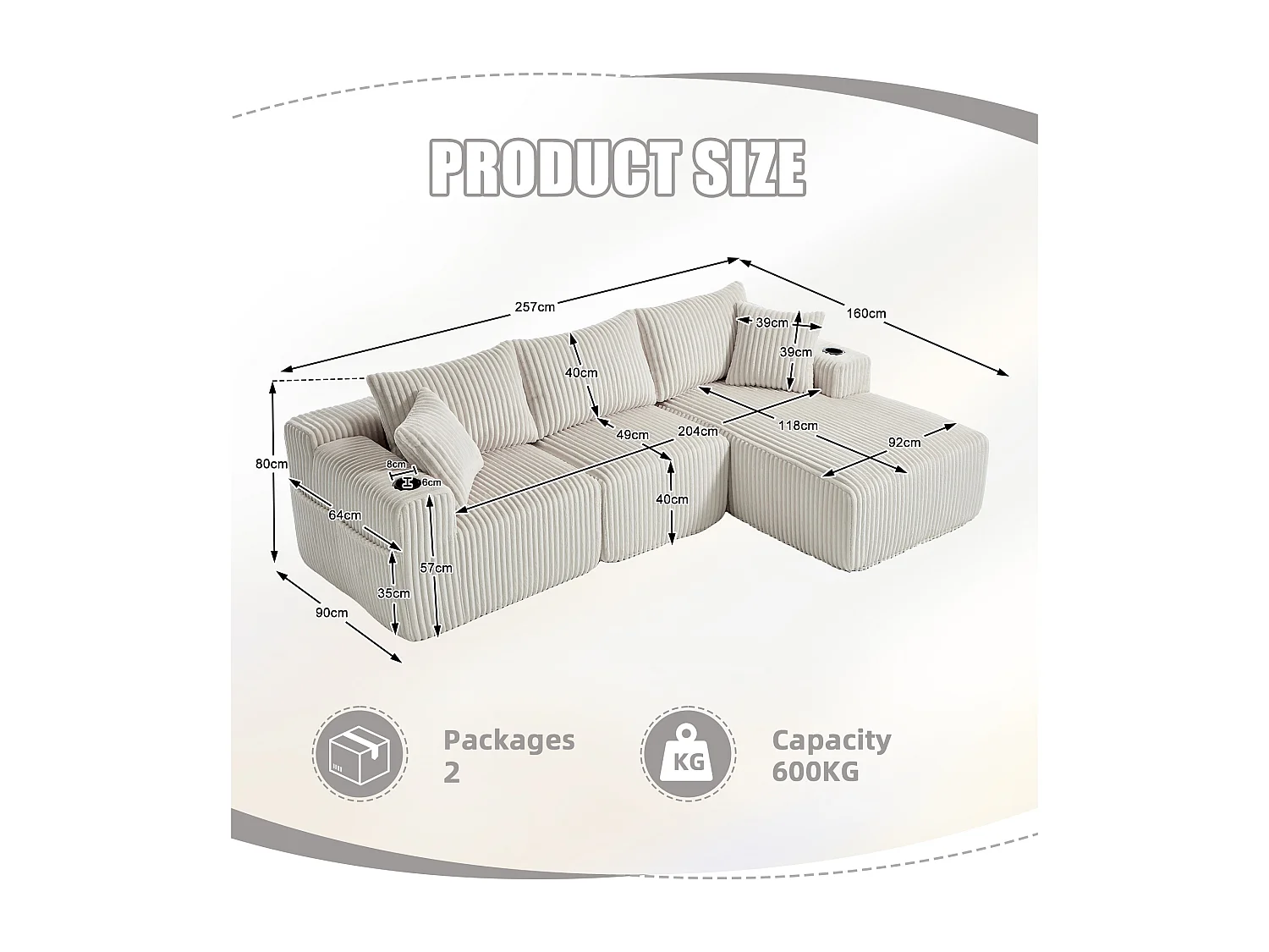 Canapé modulable 3 places - 5 coussins inclus - Porte-gobelets et poches latérales - Convertible en canapé d'angle - Beige - Idéal salon et studio