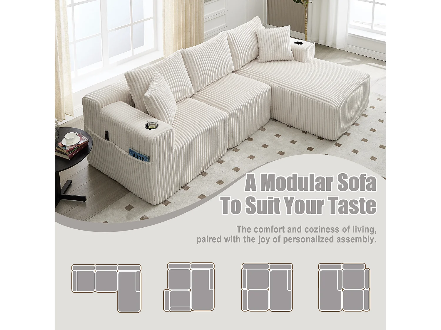 Canapé modulable 3 places - 5 coussins inclus - Porte-gobelets et poches latérales - Convertible en canapé d'angle - Beige - Idéal salon et studio