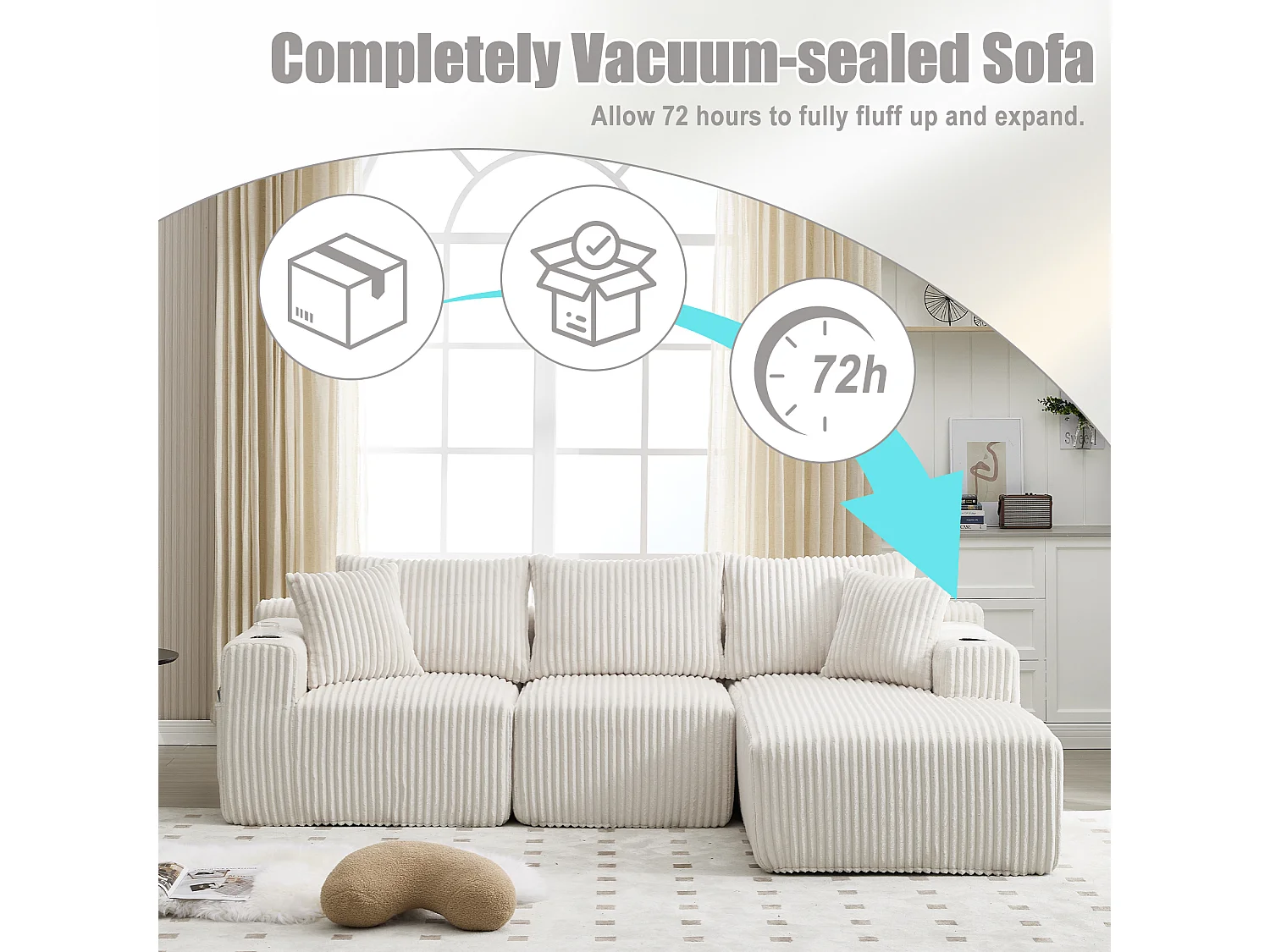 Canapé modulable 3 places - 5 coussins inclus - Porte-gobelets et poches latérales - Convertible en canapé d'angle - Beige - Idéal salon et studio