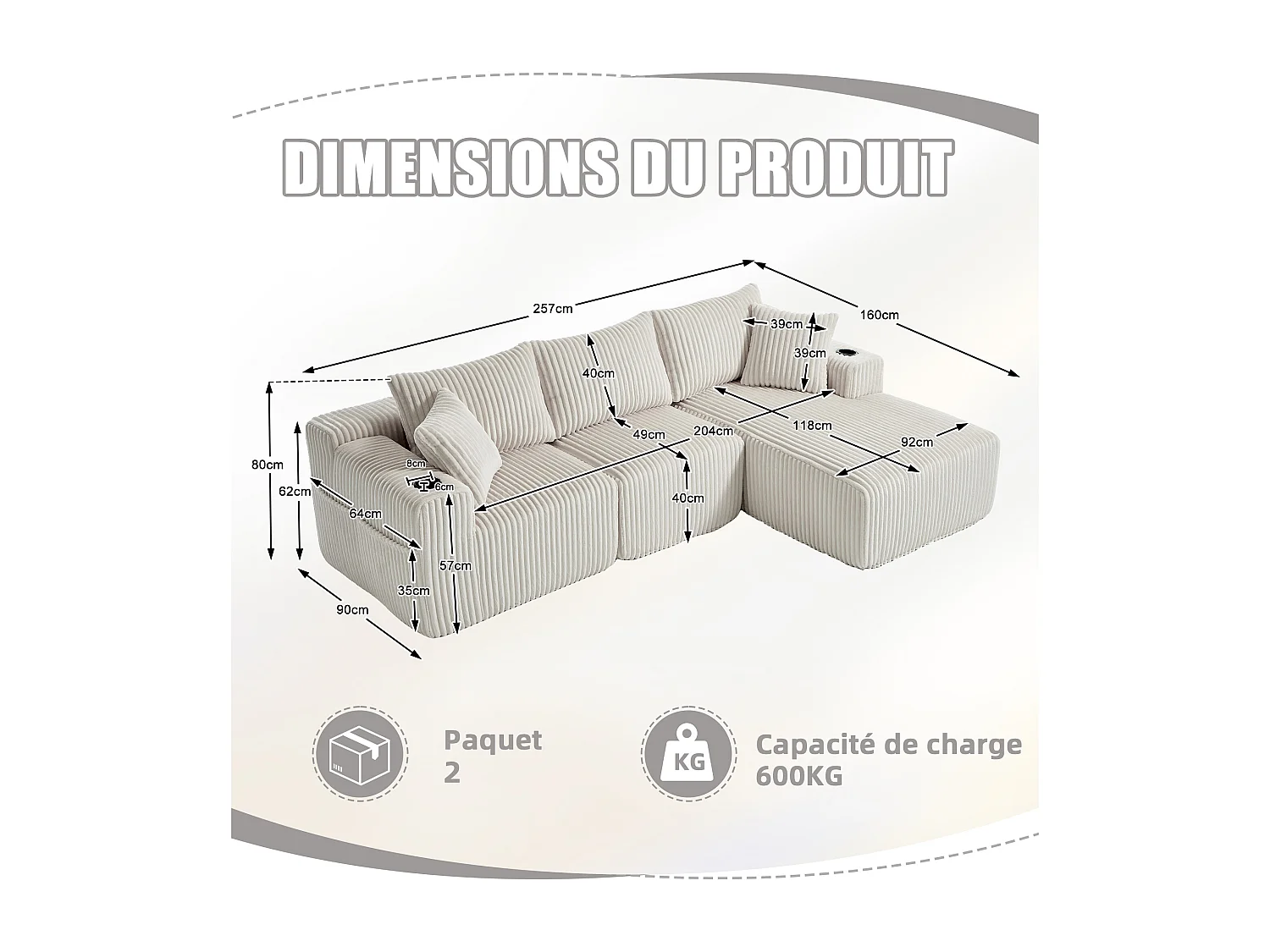 Canapé modulable 3 places - 5 coussins inclus - Porte-gobelets et poches latérales - Convertible en canapé d'angle - Beige - Idéal salon et studio