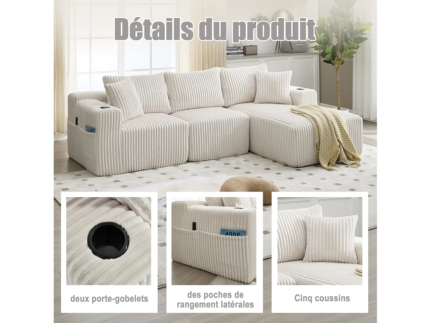 Canapé modulable 3 places - 5 coussins inclus - Porte-gobelets et poches latérales - Convertible en canapé d'angle - Beige - Idéal salon et studio