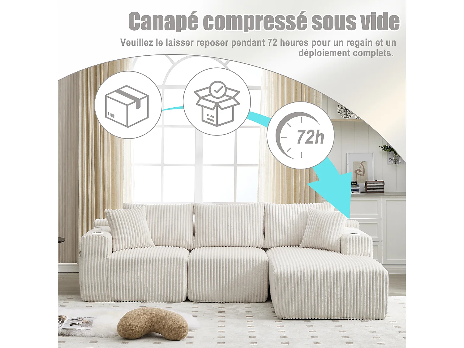 Canapé modulable 3 places - 5 coussins inclus - Porte-gobelets et poches latérales - Convertible en canapé d'angle - Beige - Idéal salon et studio