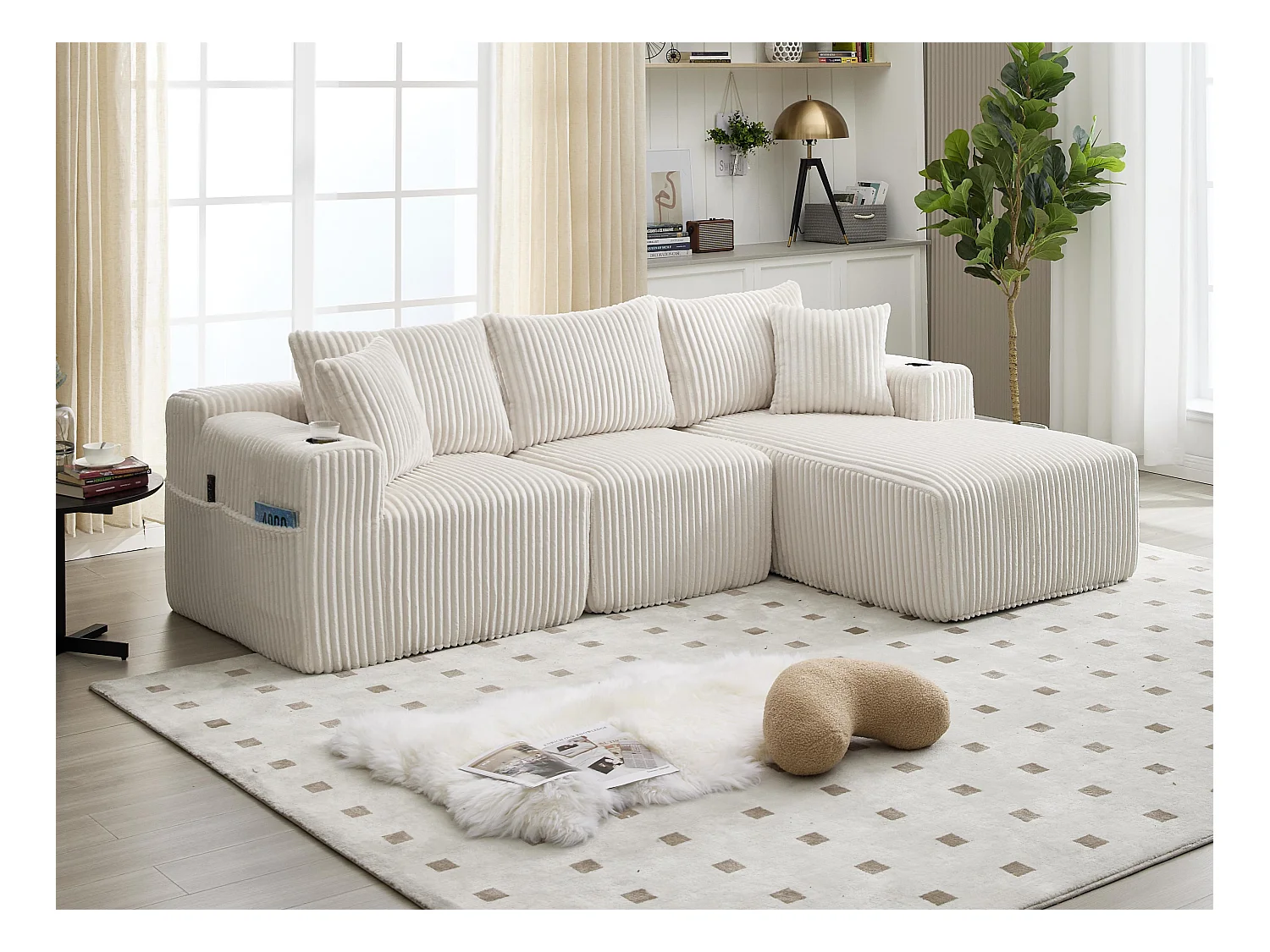 Canapé modulable 3 places - 5 coussins inclus - Porte-gobelets et poches latérales - Convertible en canapé d'angle - Beige - Idéal salon et studio