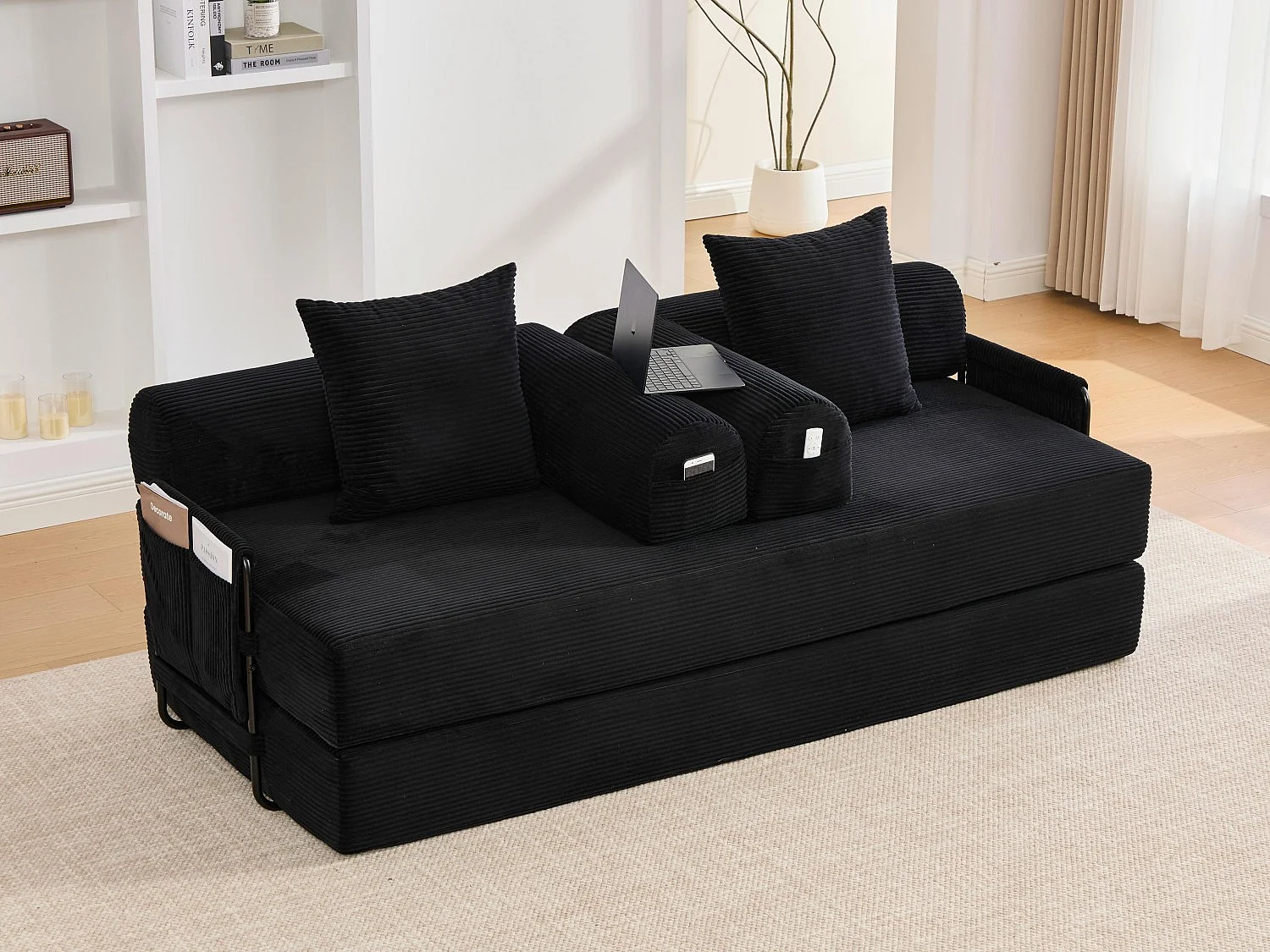 Kaleido 2.0 - Canapé Modulable en Velours Côtelé –  Cadre Métallique Externe - Poches de Rangement et 3 Coussins Inclus - Noir – Idéal pour Salon, Appartement